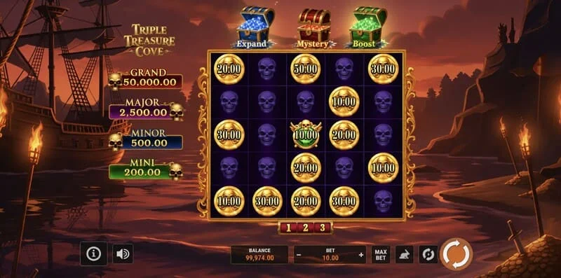 Triple Treasure Cove - หน้าจอหลักพร้อมวงล้อและอ่าวโจรสลัด